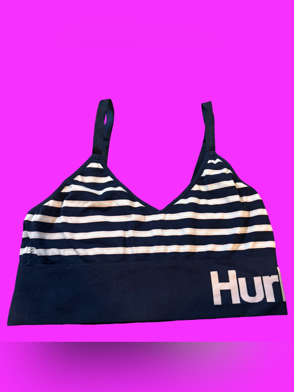 Hurley Navy & Baby Pink Striped Logo Bralette With Logo Straps Like New XL